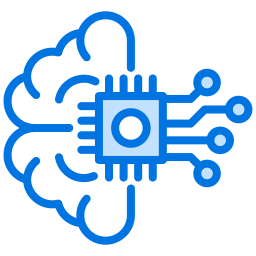 A dark and light blue line icon of a human brain. A square computer chip is placed over the center of the brain.
