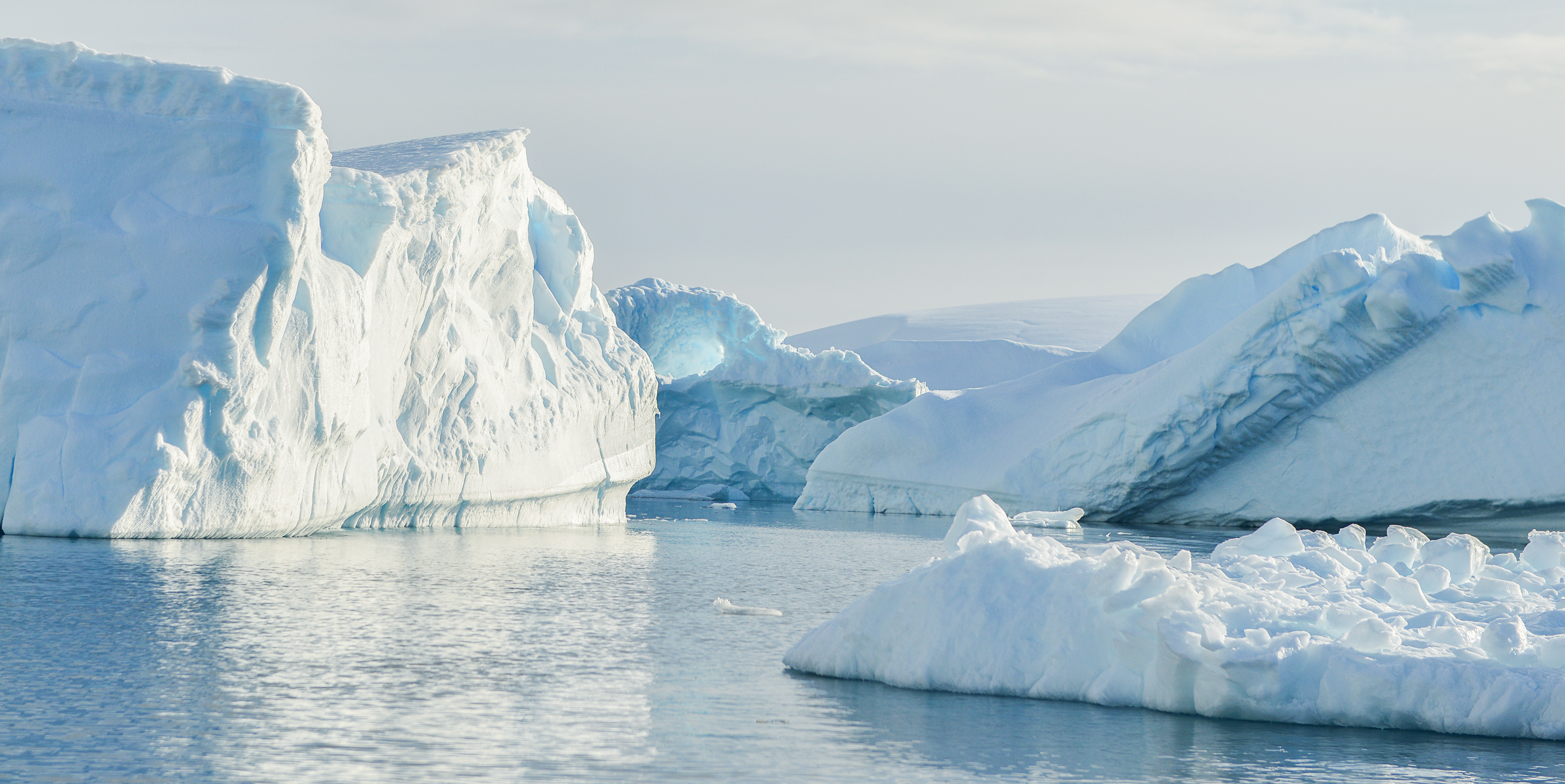 A scenic view of a polar landscape with icebergs and water.